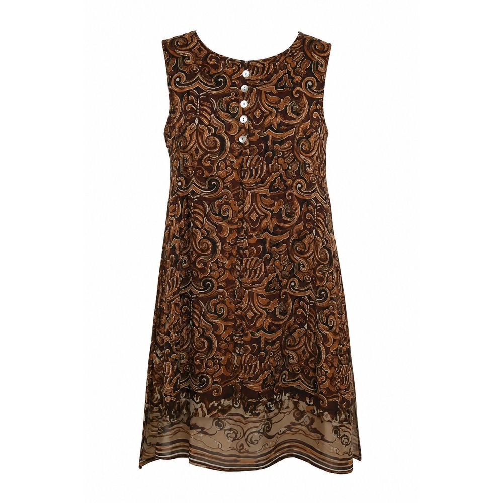 Vintage Brown Paisley Shift Dress Sheer Overlay Sleeveless Lagenlook Boho Midi